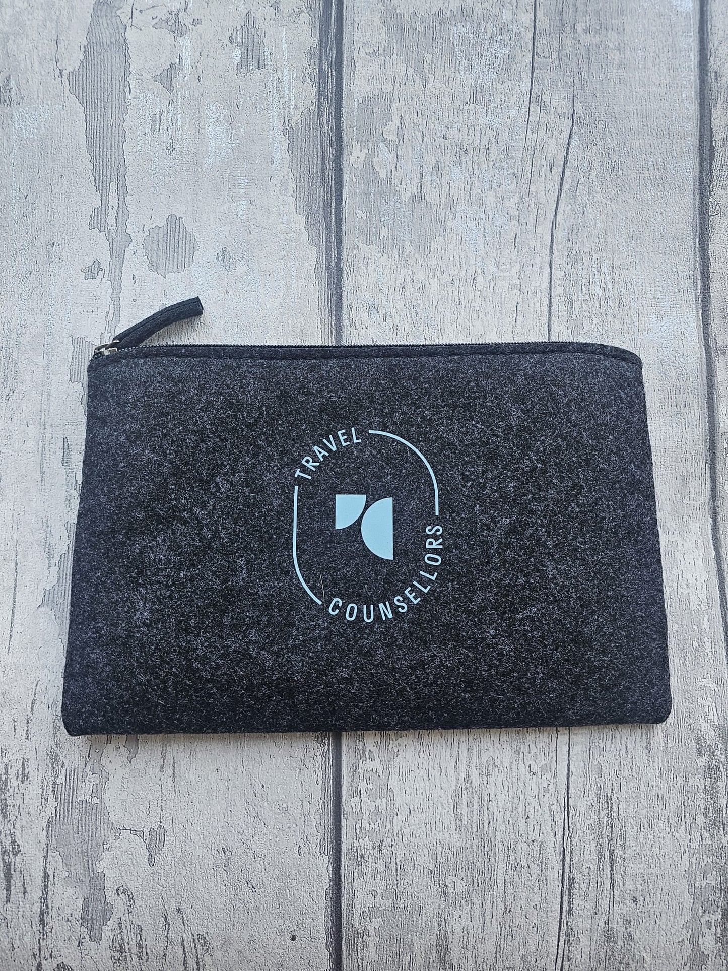 Zip Up Wallet Charcoal with Oval Logo in Bright Azure