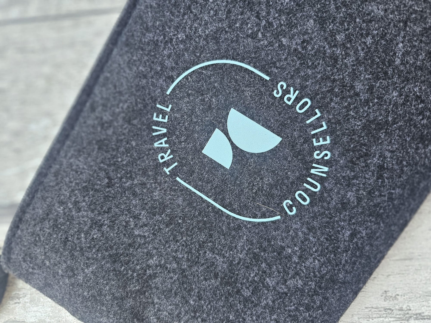 Zip Up Wallet Charcoal with Oval Logo in Bright Azure