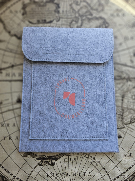 Double Pocket Light Grey with Oval Logo in Bright Cherry
