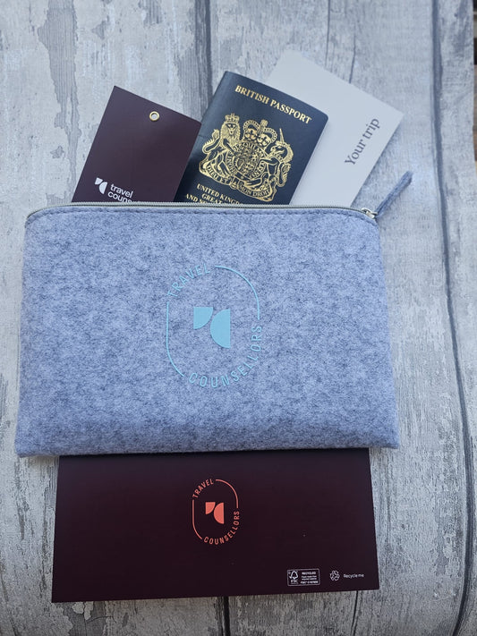 Zip Up Wallet Light Grey with Oval Logo in Bright Azure
