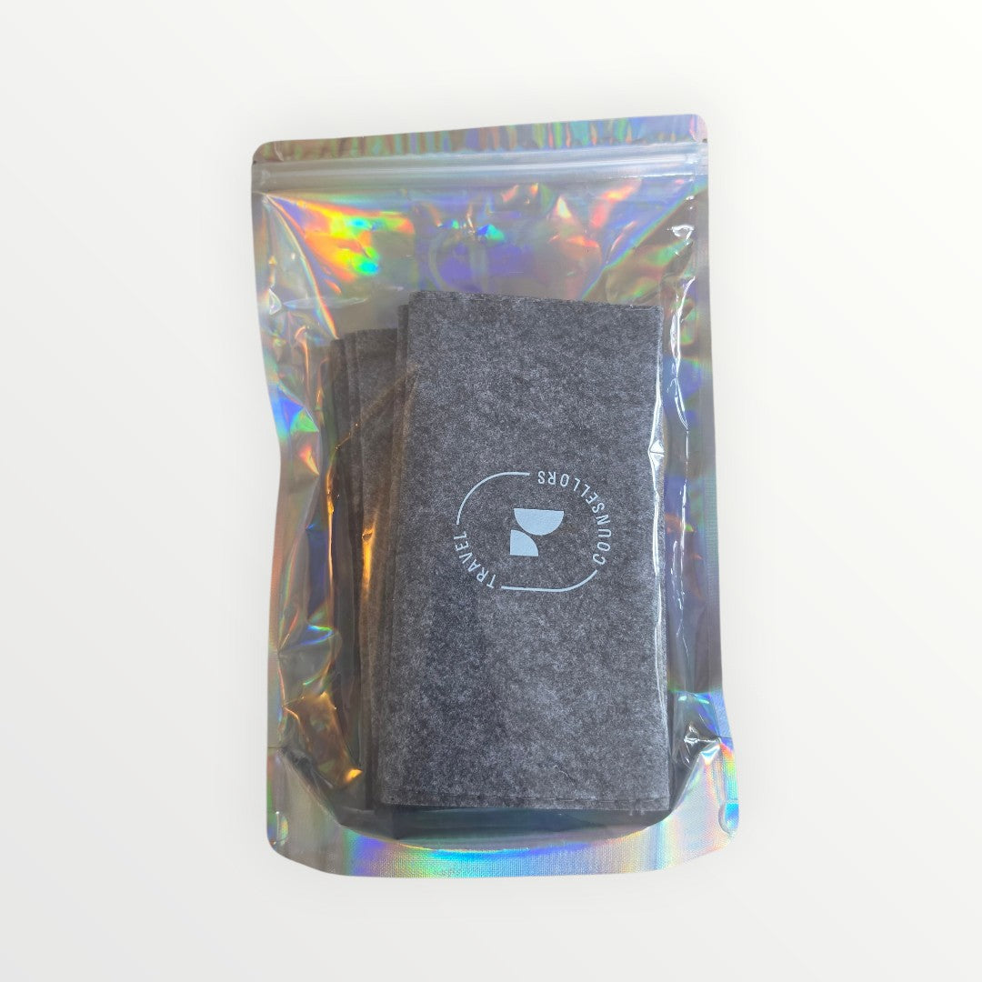 Well Travelled Wallets grey felt document holder in a holographic zip-lock pouch for travel organisation
